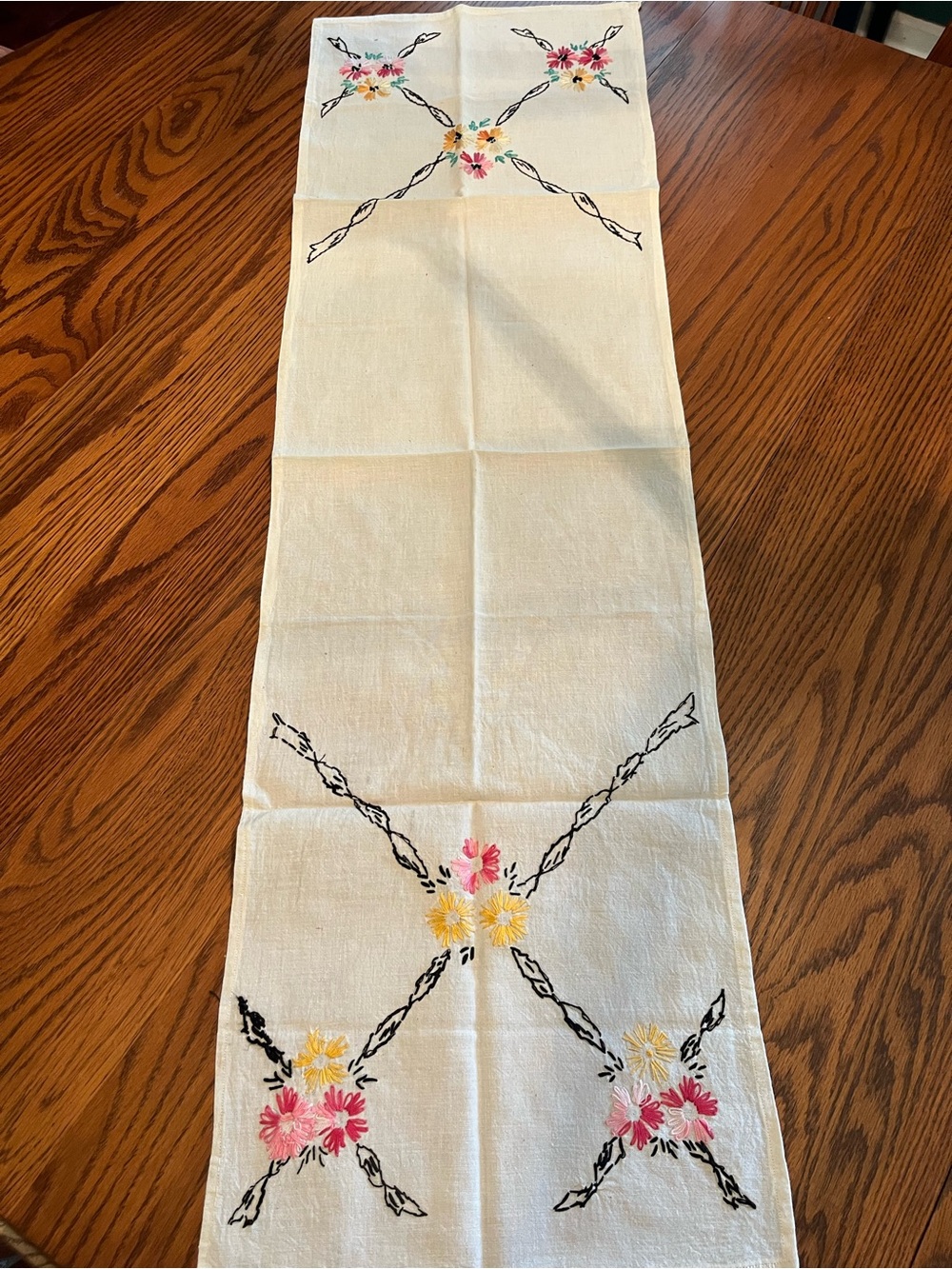 Vintage Embroidered Floral Table Runner - Cream with Pink & Yellow Flowers